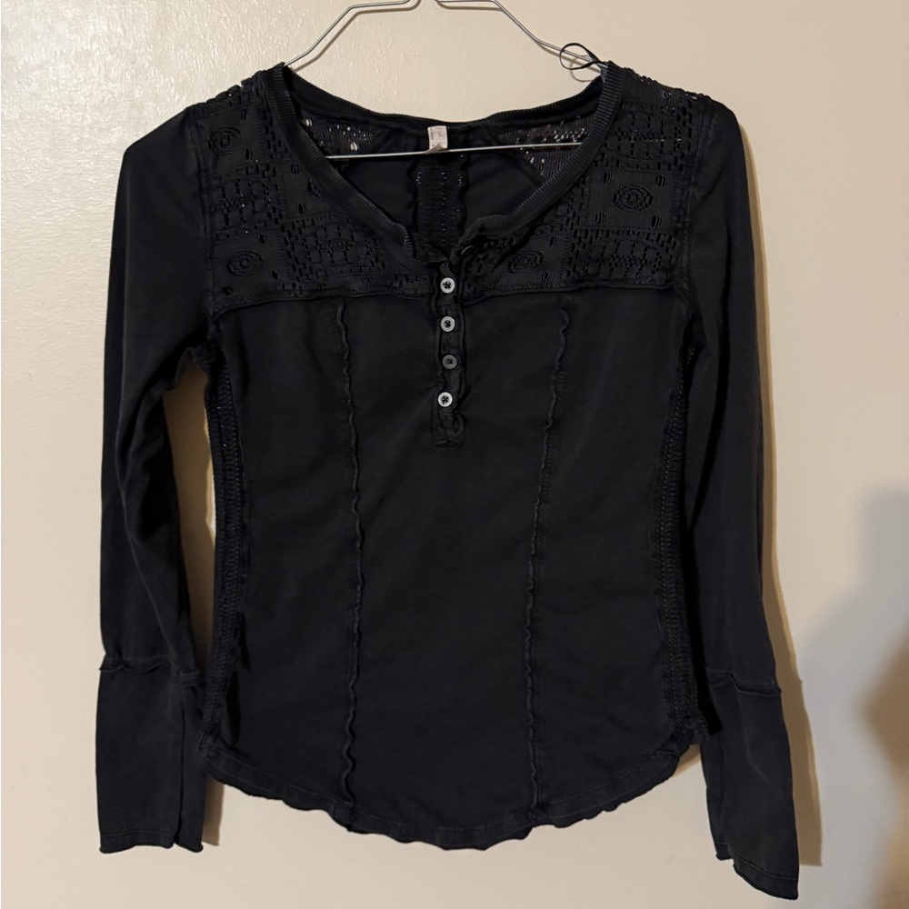 Free People Black Long Sleeve Henley Top with Lace Yoke